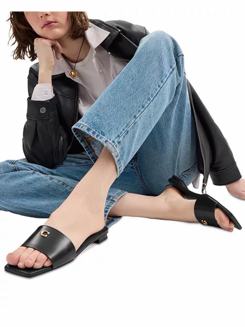 Coach Tan Leather Slide Sandals with Silver 'C' Accent - Picture 4 of 5